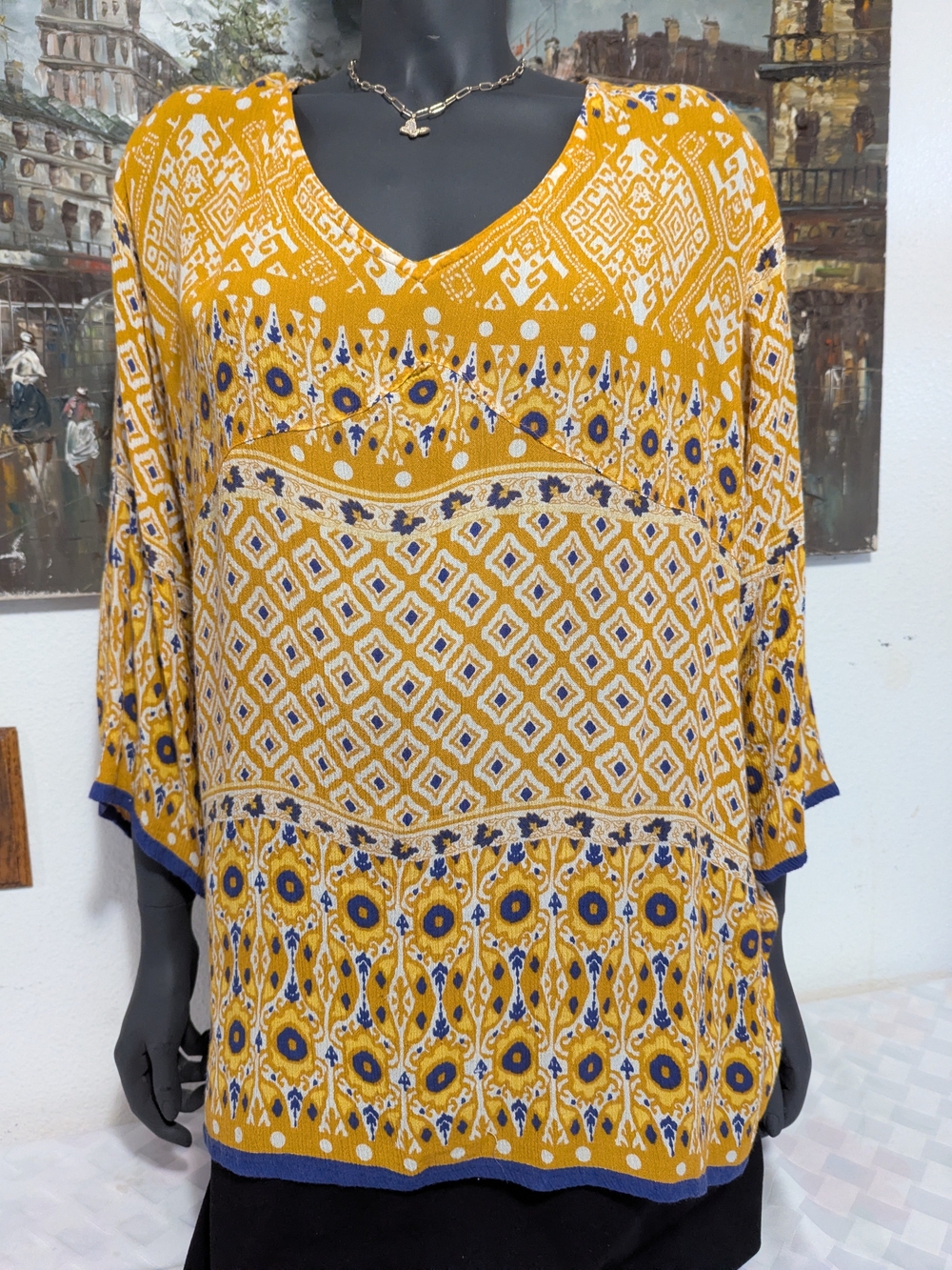Cost Plus World Market Mustard and Blue Patterned V‑Neck Tunic